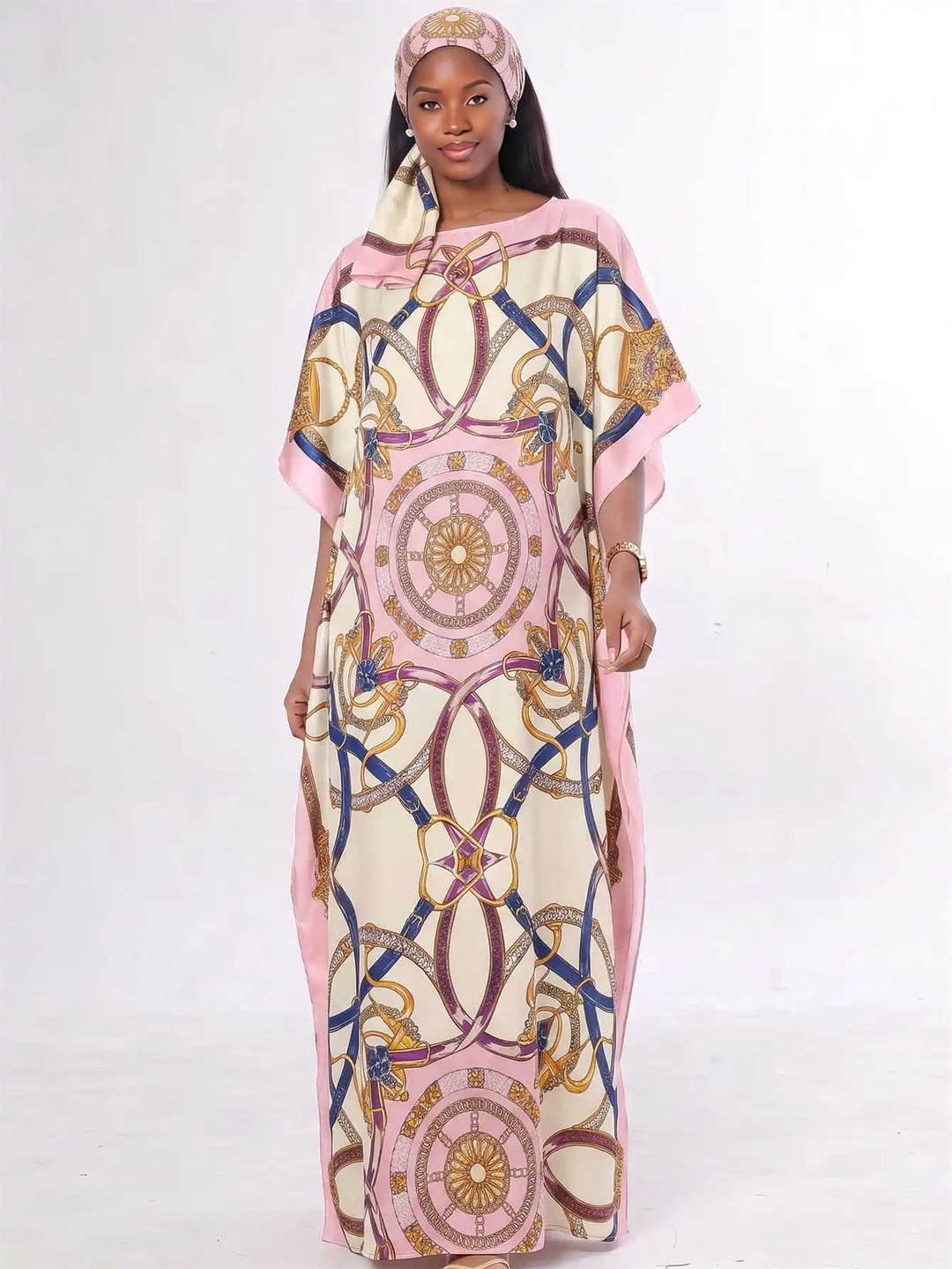 Women Muslim Kaftan Abaya With Matching Hijab Scarf Chain Print Maxi Dress Loose Batwing Sleeve Long Robe Set For Malay