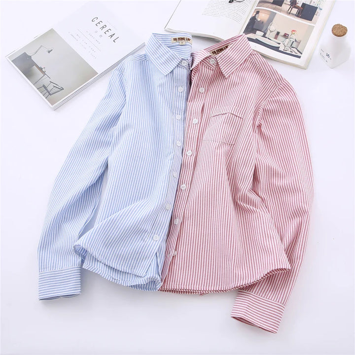 White Blue Pink Striped Shirt Women 2024 Spring New Simple Casual Long Sleeves Blouses and Tops Office Fashion Ladies Clothes