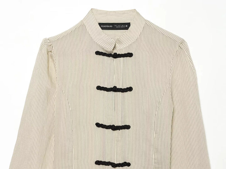 Women Trendy Sexy Striped Shirts Summer Female Chic Rope Buttons Sheer Shirts Lady High Street Elegant Long Sleeve Blouse Tops