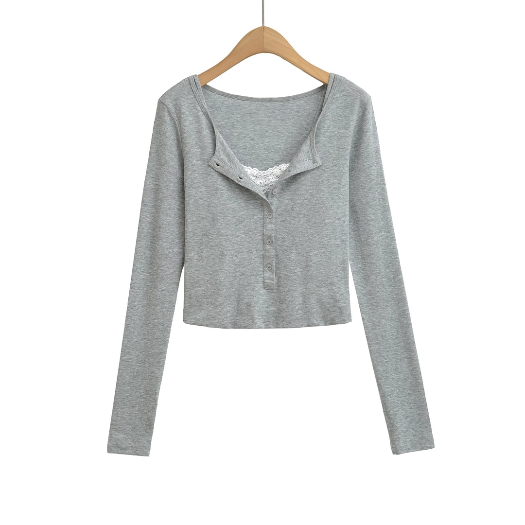 High Strecth T-shirts for Women Long-sleeved Lace Cardigan with Suspenders