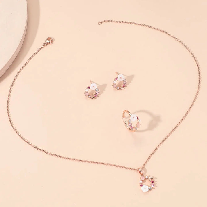 Women’s Rose Gold Flower Jewelry Set – Necklace, Ring & Earrings