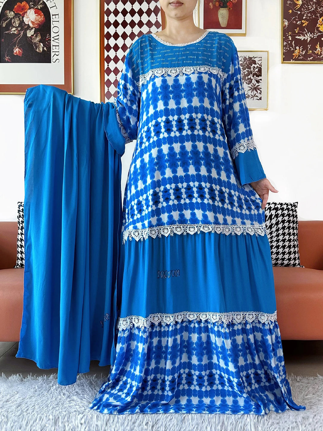 High Quality Women Party Kashkha Abaya Wave Floral Cotton Abaya African Boubou Muslim Loose Kaftan Maxi Dress with Big Shawls