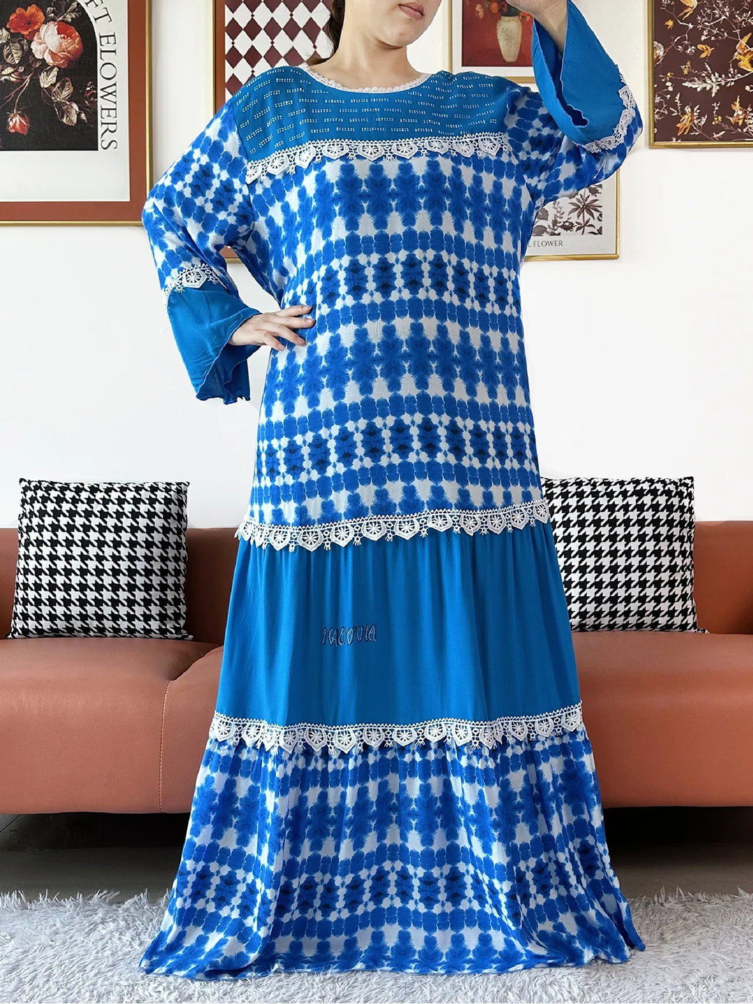 High Quality Women Party Kashkha Abaya Wave Floral Cotton Abaya African Boubou Muslim Loose Kaftan Maxi Dress with Big Shawls