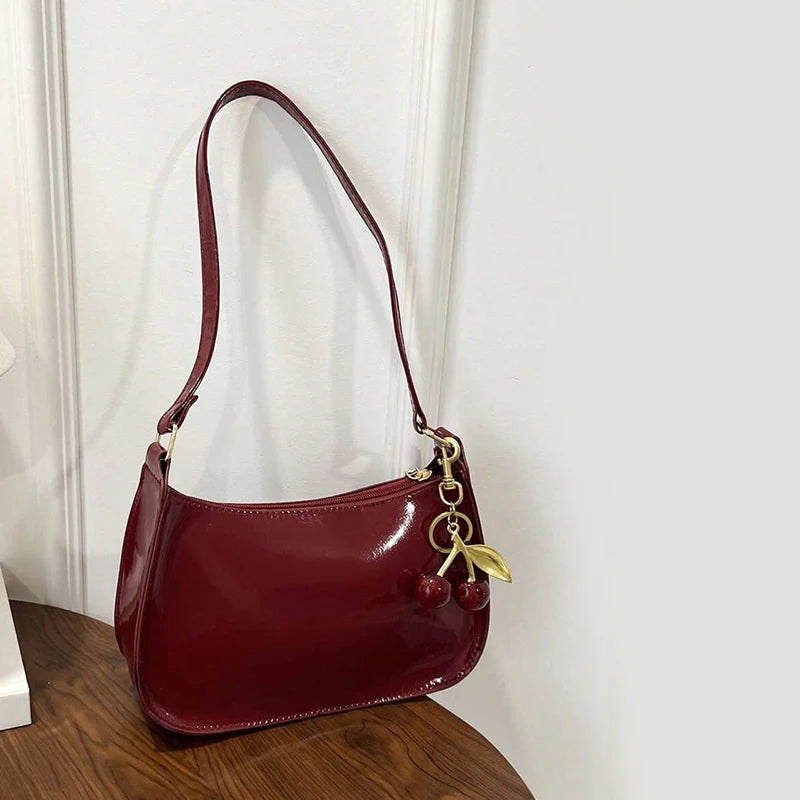 Vintage Women’s PU Leather Shoulder Bag – Crossbody Handbag with Cherry Pendant