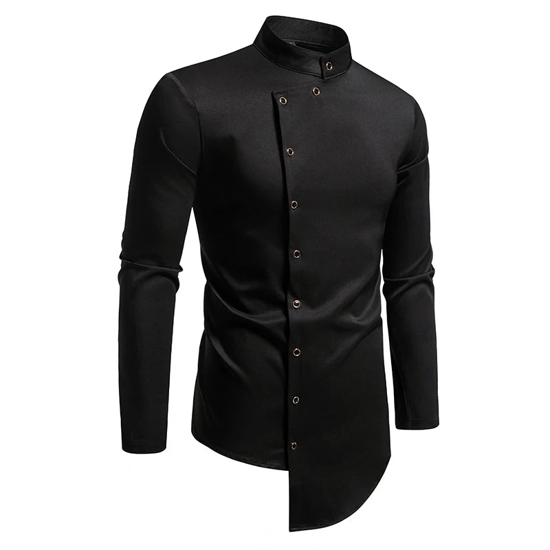 Mens Dress Shirts Vintage Personality Irregular Crop Long Sleeve Business Stand Collar Shirt Men Camisas Streetwear Blusas Tops
