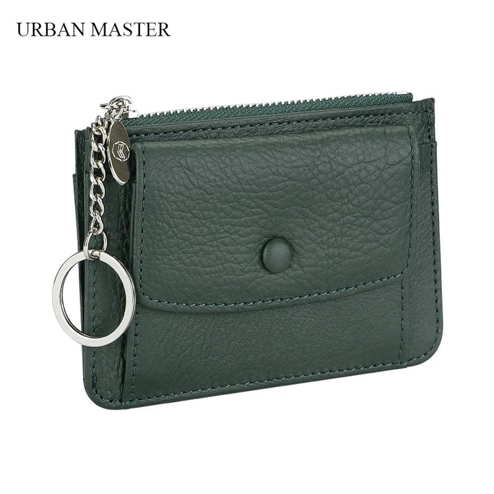 محفظة جلدية نسائية للبطاقات والعملات المعدنية مع سلسلة مفاتيح