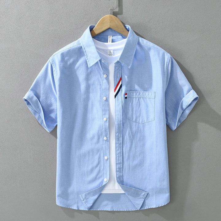 Men's 100% Cotton Short-Sleeve Shirt – Classic Turn-Down Collar, Slim Fit with Chest Pocket & Striped Detail