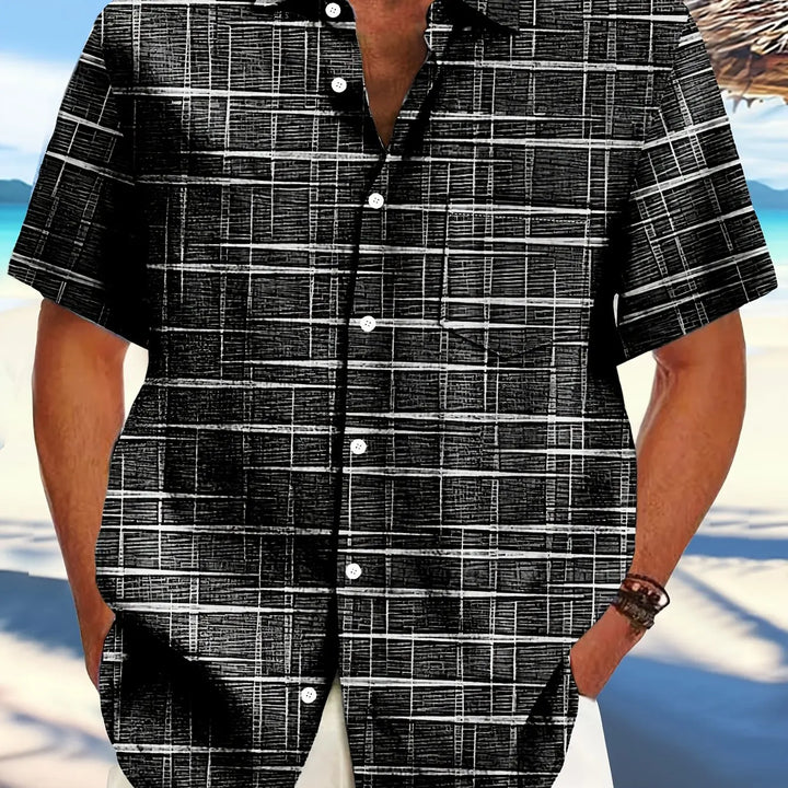 Vintage Shirts Black White Distressed Plaid Textured Printed Loose Casual Short Sleeve Lapel Tops Men Clothes