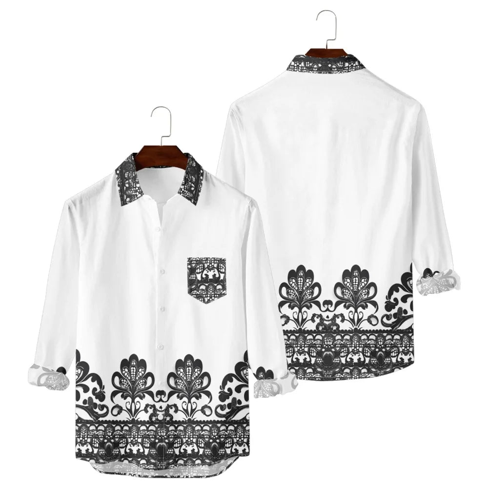 Hawaiian Button Up Shirts Retro Florals Printed Full Sleeve Streetwear Casual Men Dark Academia Resort Elegance Travel Shirt