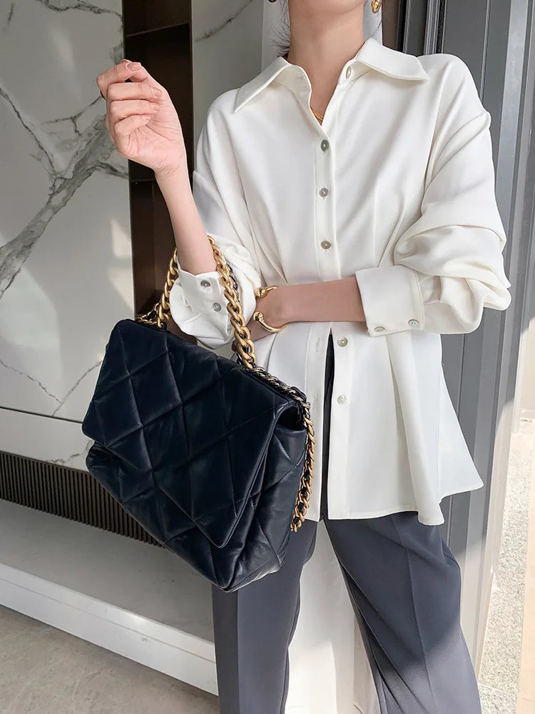Elegant Women Shirts Woman Waist Long Sleeve Lapel Single Breasted Sashe Shirt Office Lady Business Pleated Ruched Blouses Tops