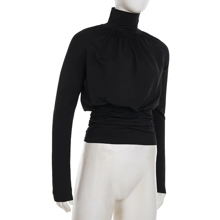 Solid Black T Shirts For Women Elegant Clothes Turtleneck Camisetas Lady Tops Long Sleeve Ropa De Mujer Shirring Feminist Shirt