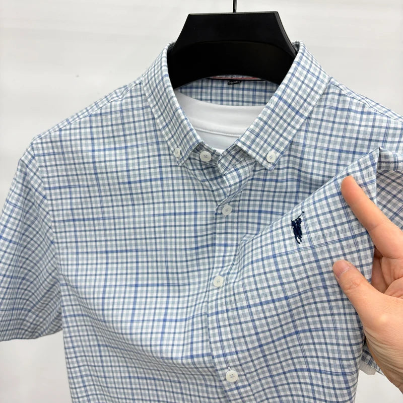 Short Sleeved Shirt for Men in Summer, Thin Design for Men, High-end Checkered Embroidered Shirt, Pure Cotton Top