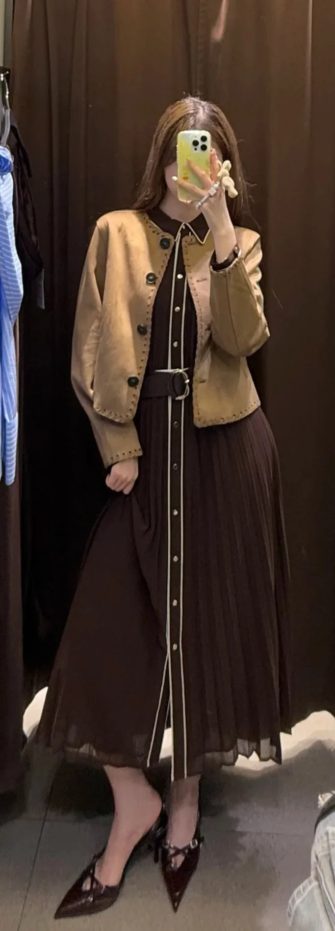 Women’s Fall 2025 Russet Pleated Midi Dress with Belt