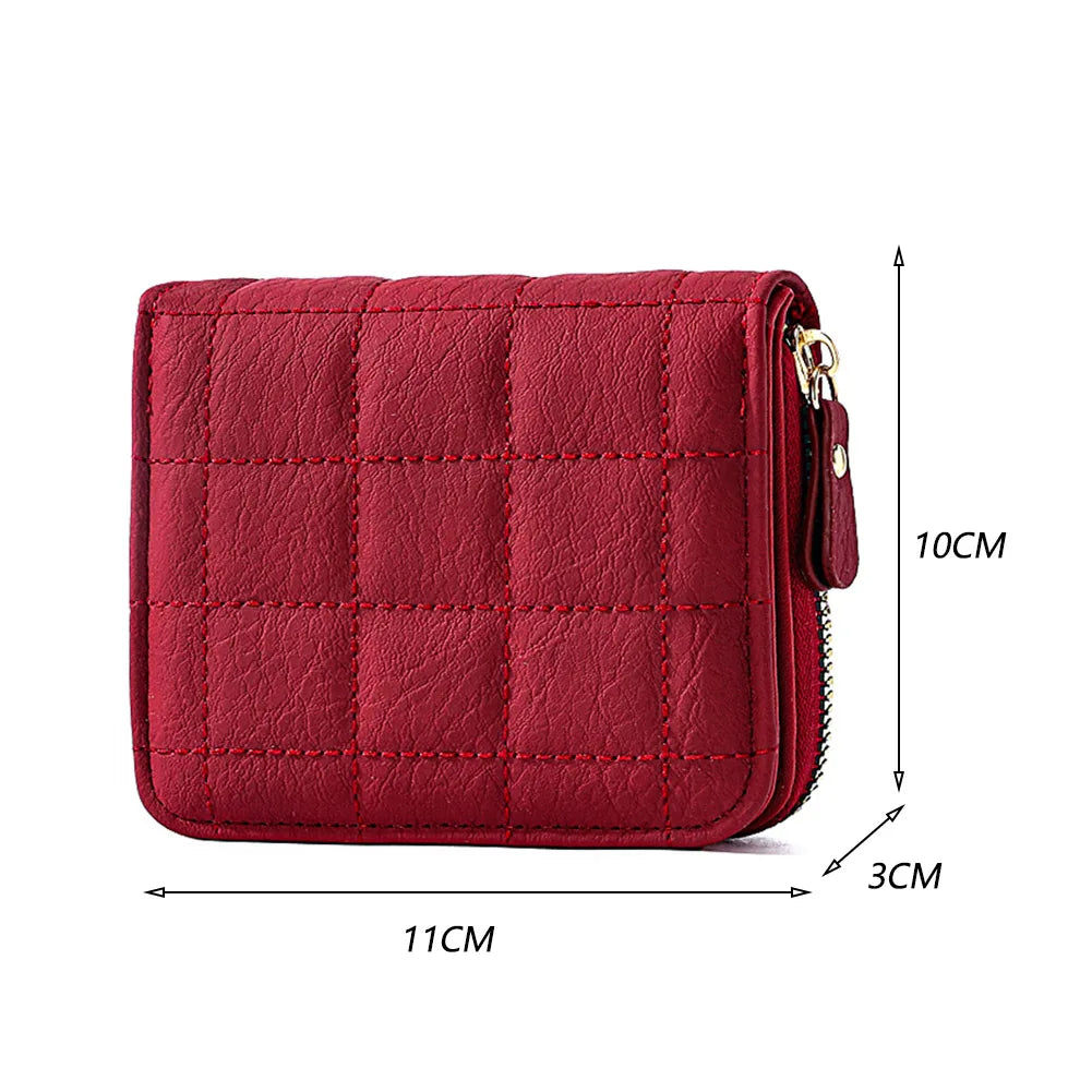 Women’s PU Leather Plaid Wallet – Small Card & Coin Holder with Zipper