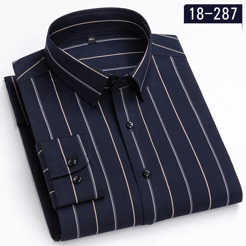 New in Shirt 100% Cotton Long-Sleeve Shirts for Men Slim Fit Plain Shirt Thin Plaid Striped Tops Fashion Elegants Office Clothes