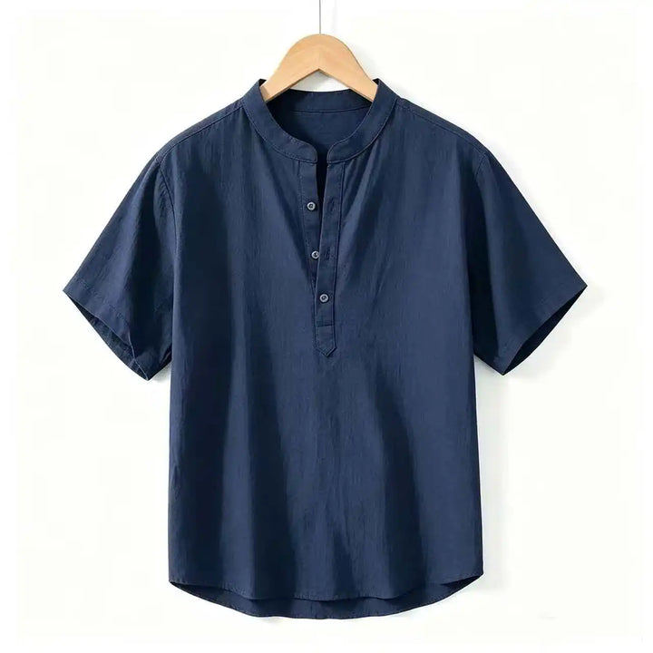 Summer Men's Short Sleeve Shirts Solid Color Stand Up Collar T Shirts Loose Casual Beach Shirt Breathable Male Linen Tops