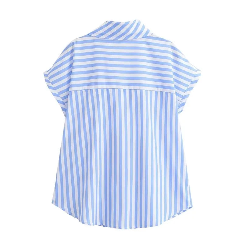 Women's Striped Shirts 2026 Summer Fashion High Neck With Bow Short Sleeve Blouses Casual Female Loose Buttons Tops