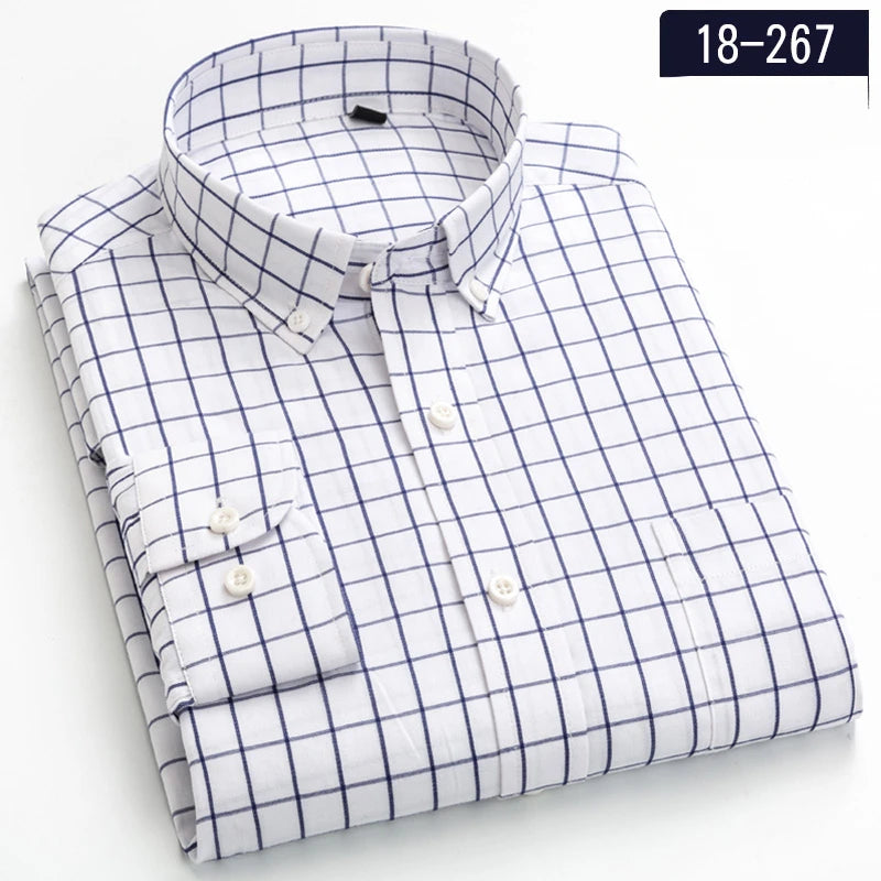New in Shirt 100% Cotton Long-Sleeve Shirts for Men Slim Fit Plain Shirt Thin Plaid Striped Tops Fashion Elegants Office Clothes