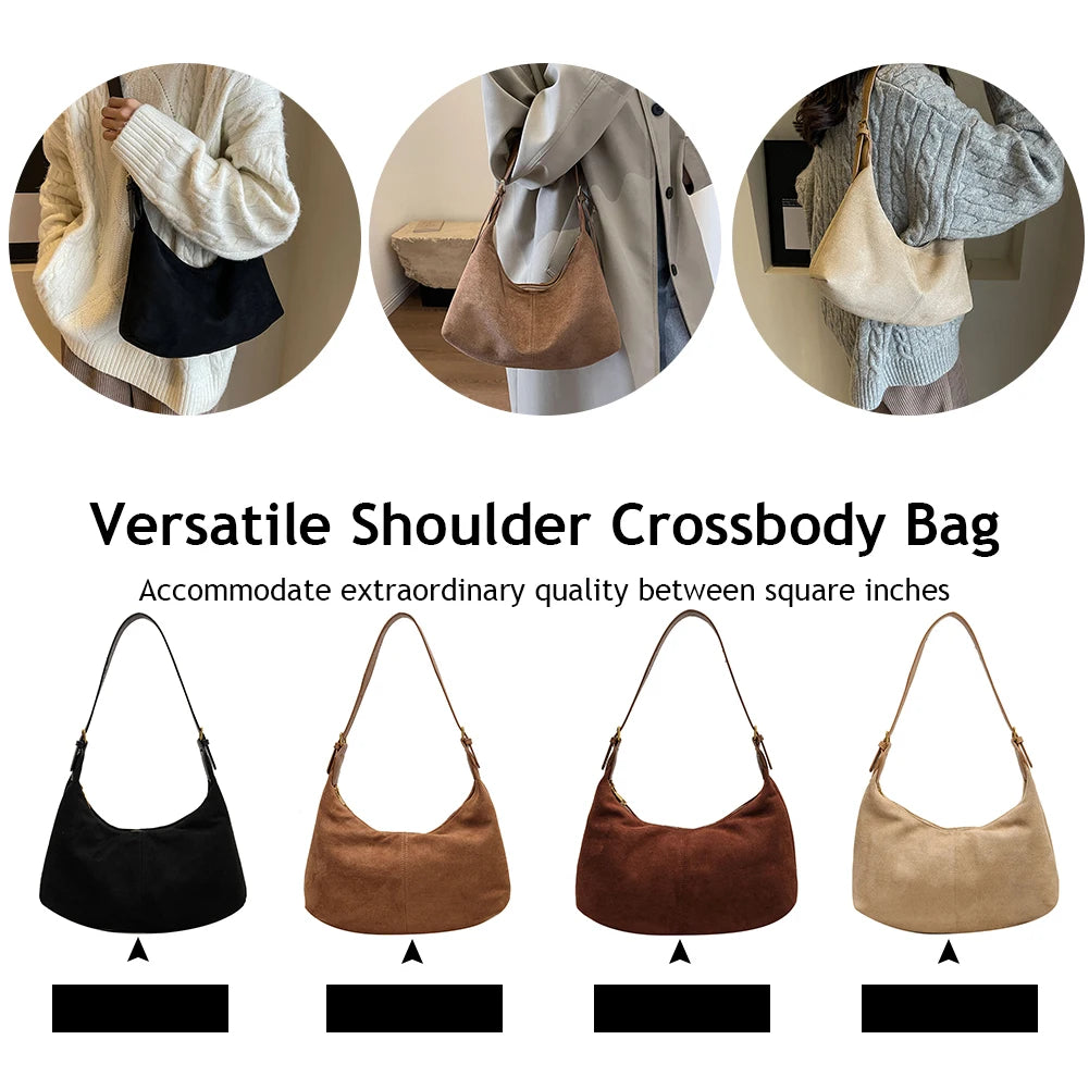 Vintage Women’s Suede Handbag – Designer Crescent Hobo Crossbody Bag