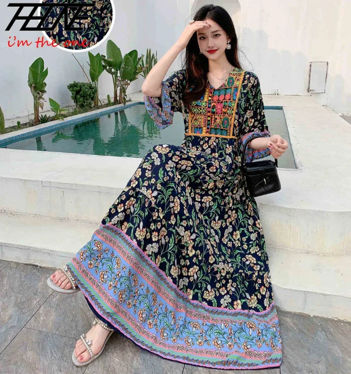 Women’s Indian Summer Dress – Embroidered Elegant Maxi Party & Beach Dress