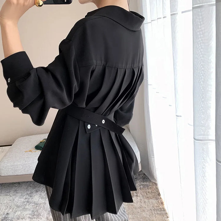 Elegant Women Shirts Woman Waist Long Sleeve Lapel Single Breasted Sashe Shirt Office Lady Business Pleated Ruched Blouses Tops