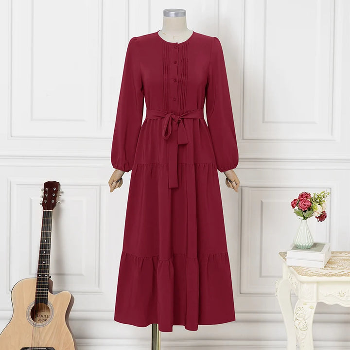 ZANZEA Elegant Muslim Abaya Dress Women O Neck Long Sleeve Pleated Sundress Maxi Robe Casual Kaftan Stylish Party Dress Ramadan