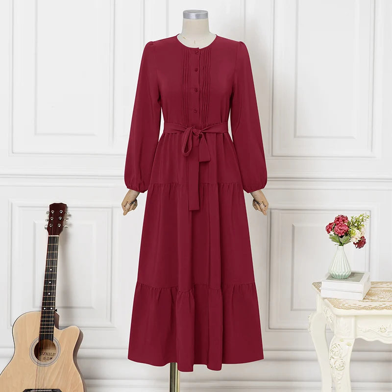 ZANZEA Elegant Muslim Abaya Dress Women O Neck Long Sleeve Pleated Sundress Maxi Robe Casual Kaftan Stylish Party Dress Ramadan