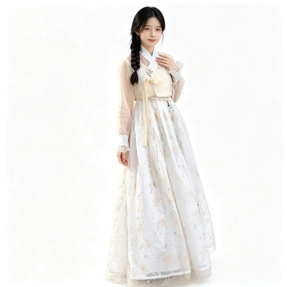 Elegant Women Hanbok Set Sheer Long Sleeve Floral Tulle Skirt Korean Traditional Dress Party Dance Photo Clothes