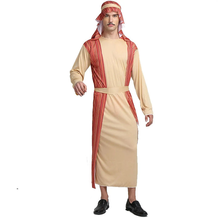 Men'S Arabian Tunic Beige Red Striped Thobe Hooded Belted Cultural Cosplay Party 2026 Trendy Stylish Attire Traje Stage Clothing