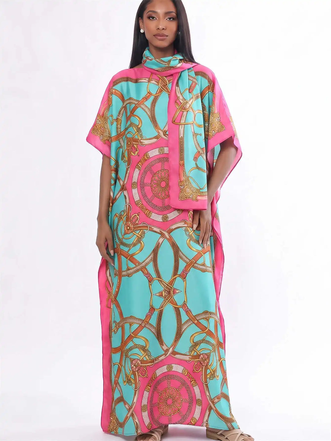 Women Muslim Kaftan Abaya With Matching Hijab Scarf Chain Print Maxi Dress Loose Batwing Sleeve Long Robe Set For Malay