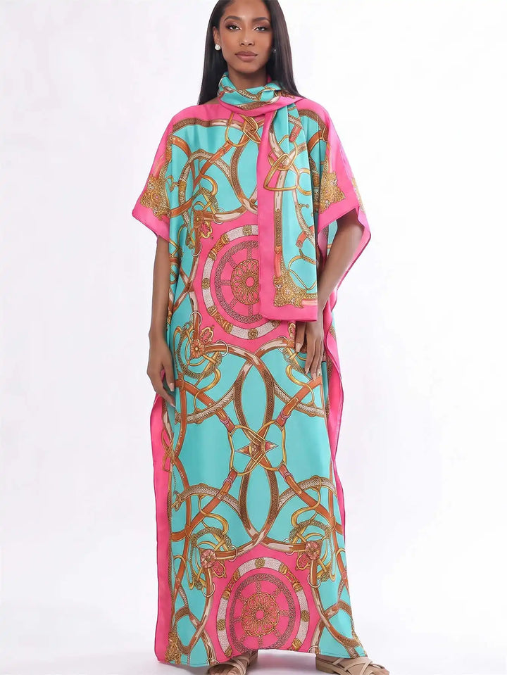 Women Muslim Kaftan Abaya With Matching Hijab Scarf Chain Print Maxi Dress Loose Batwing Sleeve Long Robe Set For Malay