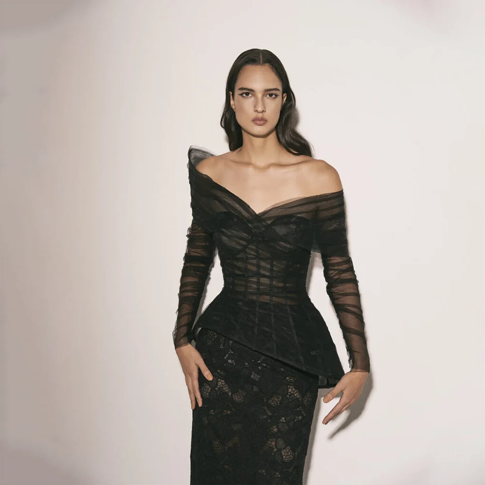 Modern Wedding Party Dresses for Women Off The Shoulder Straight Short Evening Gowns Black Tea Length Prom Dress  Customized