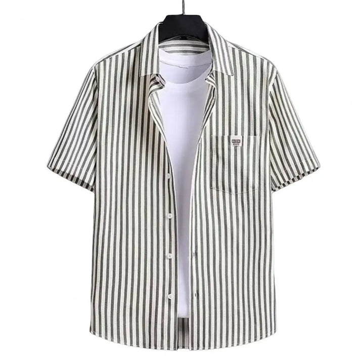 Men Striped Shirt Short Sleeve With Patch Pocket Lapel Loose Fit Summer Casual Button Down Tops