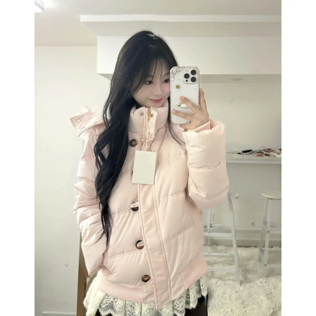 Korean Retro Big Fur Collar Cotton Clothes for Women's Autumn and Winter New Waist Thin Warm Jacket Khaki Bread Clothes