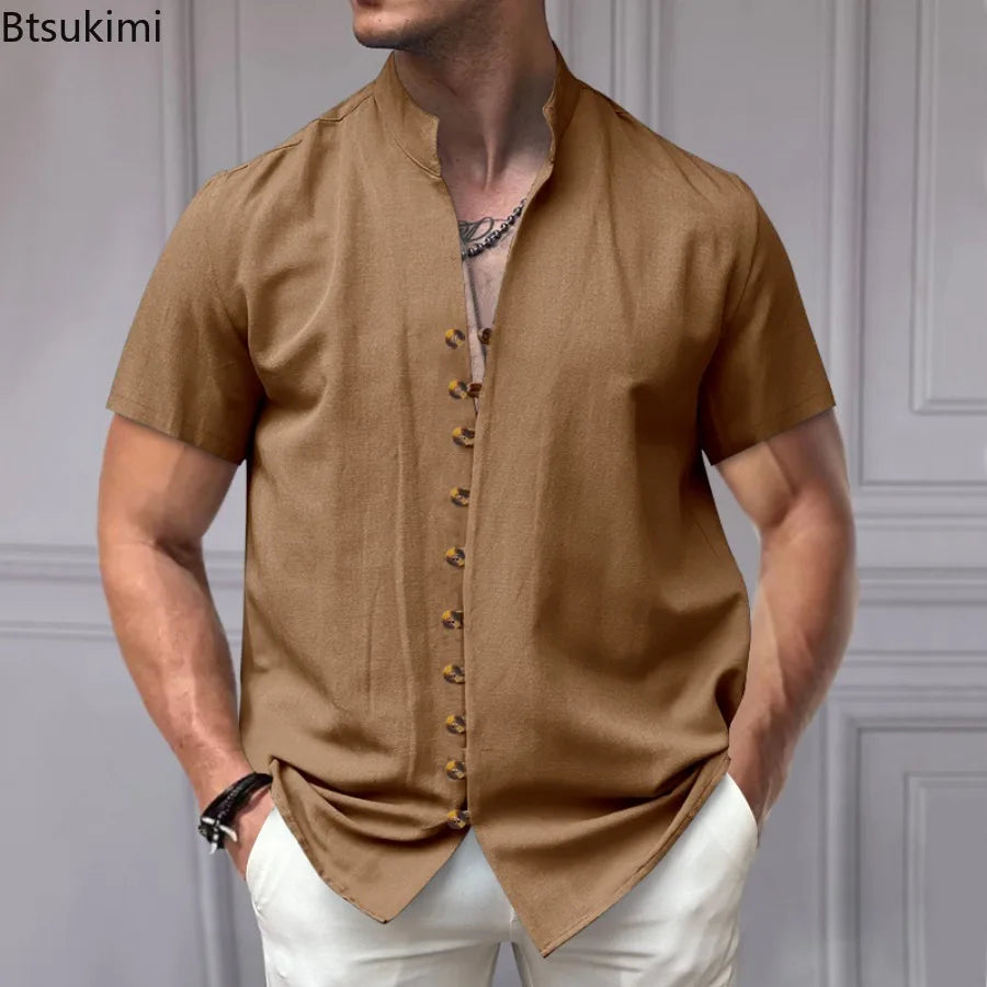 Summer New Short Sleeve Shirts for Men Fashion Solid Casual Linen Tops Breathable Stand Collar Loose Beach Blouses Men Clothing