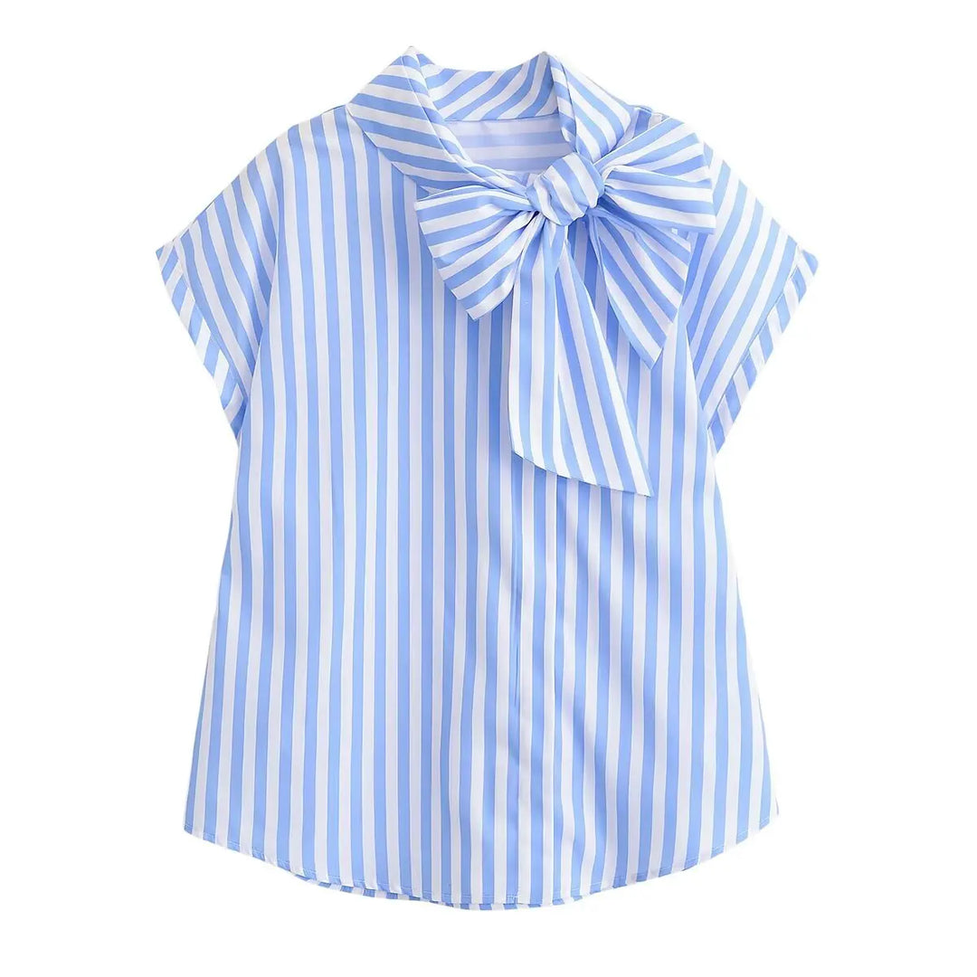Women's Striped Shirts 2026 Summer Fashion High Neck With Bow Short Sleeve Blouses Casual Female Loose Buttons Tops
