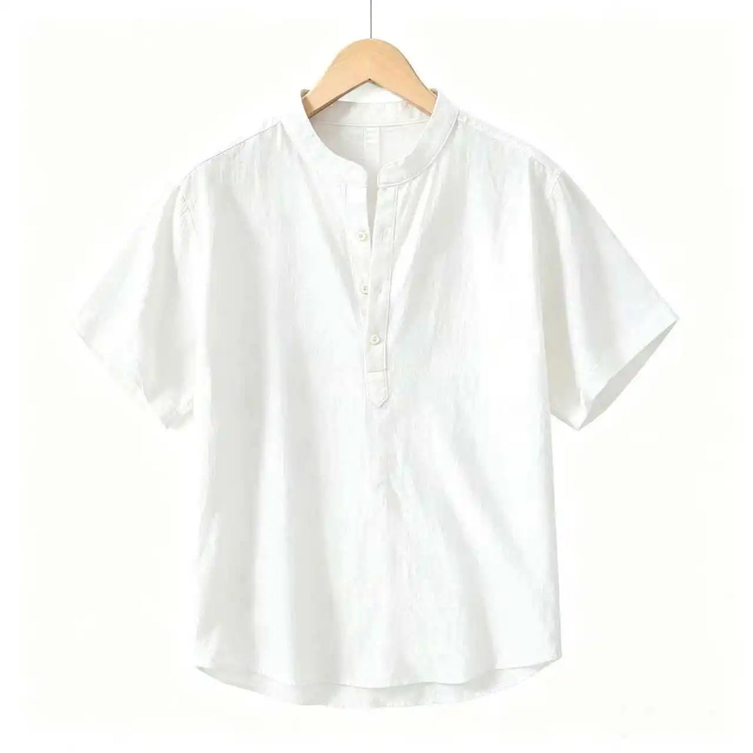 Summer Men's Short Sleeve Shirts Solid Color Stand Up Collar T Shirts Loose Casual Beach Shirt Breathable Male Linen Tops