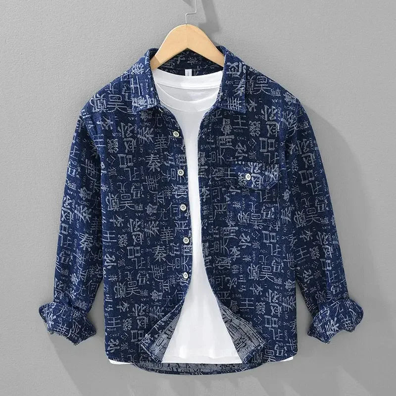 2025 New Shirt Men Autumn Retro Printed Work Clothes Long Sleeved Cardigan Casual Versatile Jacket