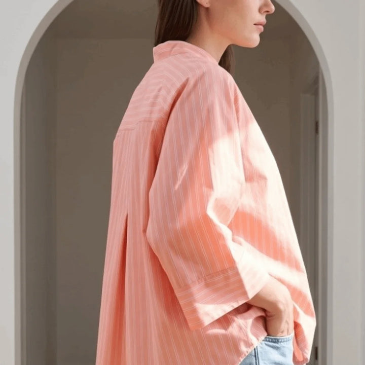 Striped Loose Striped Shirt Elegant Mid Sleeve Button Tops European American Style Asymmetric Casual Blouse for Woman