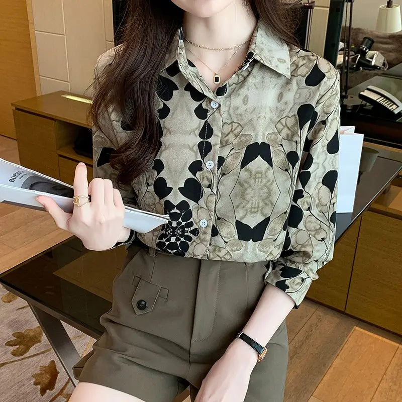 2024 New Fashionable Shirt Vintage Elegant Printing Long Sleeve Blouses Printed Loose Spring and Autumn Edition All-match Tops