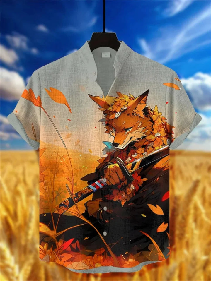 Men's Fashionable Stand-Up Collar Short-Sleeved Button-Up Cardigan Linen Breathable Hawaiian Beach Comfortable Shirt
