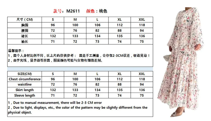 Muslim Dresses for Women Elegant Middle East Chiffon Abayas with Flowers and Belt High Waist Round Neck Summer Robe