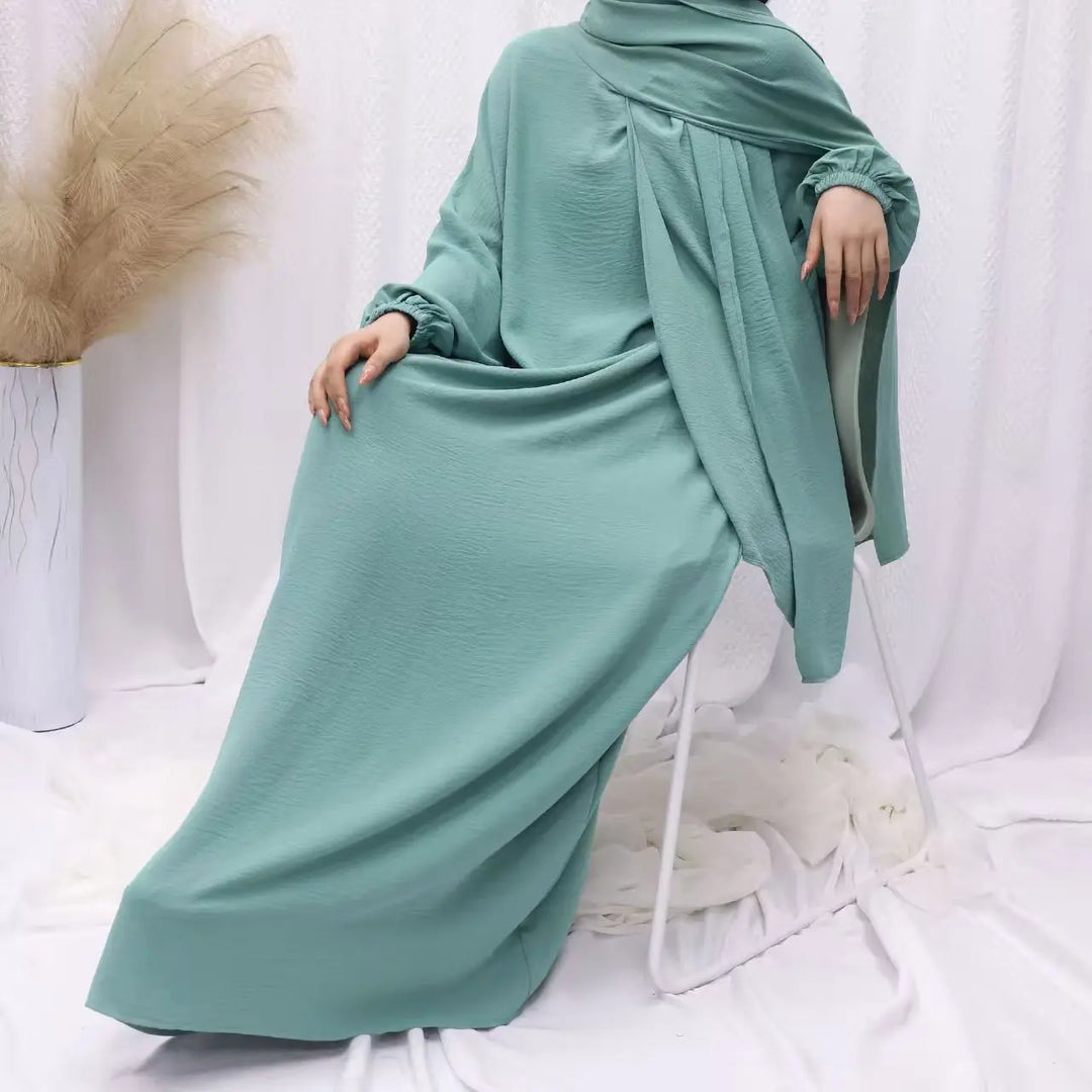 Abaya Dubai with Integrated Hijab Scarf Muslim Dress Women Zipper Front Side Pockets Islamic Clothing Modest Turkish Gown Casual