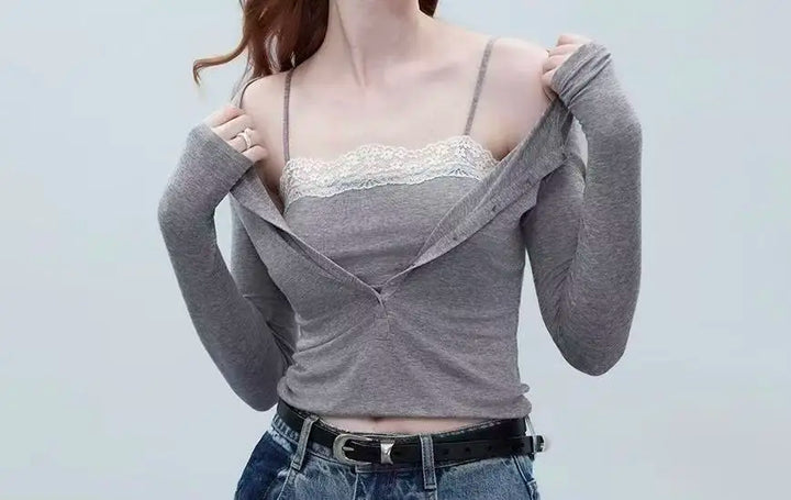 High Strecth T-shirts for Women Long-sleeved Lace Cardigan with Suspenders