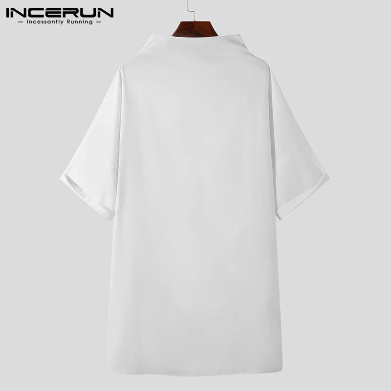 Handsome Well Fitting Men's Casual Shirts Solid Color Turtleneck Half Sleeve Button Up Camisa Masculina S-5XL INCERUN Tops 2023