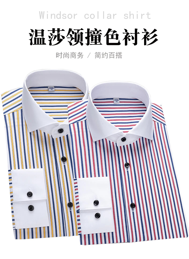 Men's shirt long sleeved slim fit striped Windsor collar contrasting color collar business casual one line collar shirt