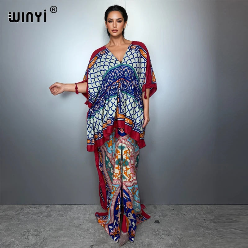 WINYI muslim woman dresses fashion kaftan party Dress Middle East Female loose kaftan abaya dubai luxury Print Caftan beachwear