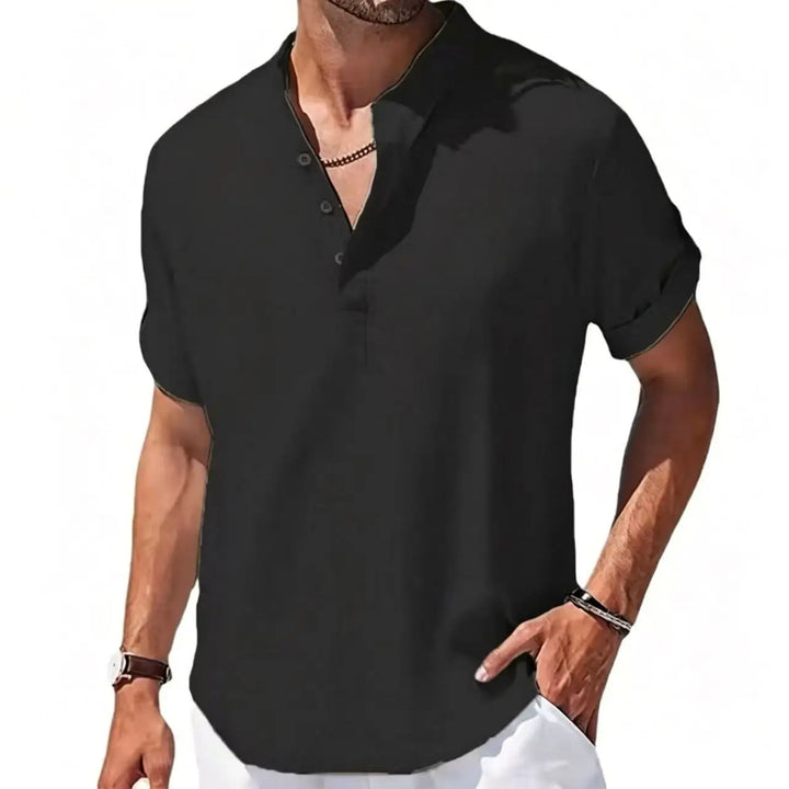 Summer Men's Short Sleeve Shirts Solid Color Stand Up Collar T Shirts Loose Casual Beach Shirt Breathable Male Linen Tops