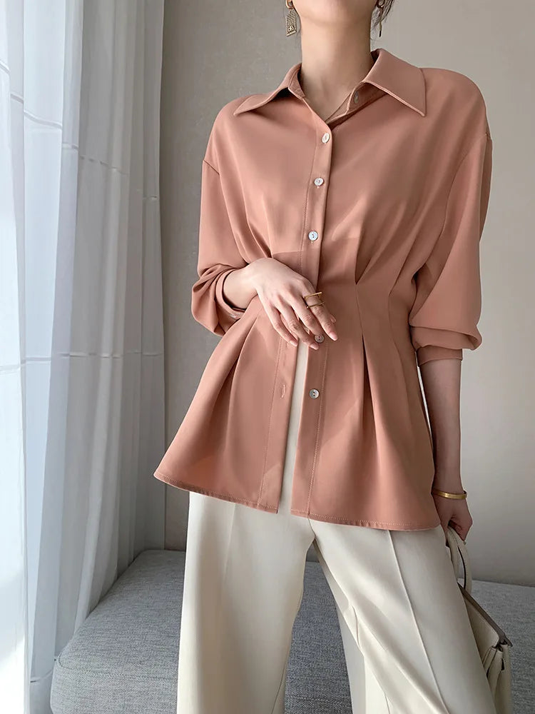 Elegant Women Shirts Woman Waist Long Sleeve Lapel Single Breasted Sashe Shirt Office Lady Business Pleated Ruched Blouses Tops