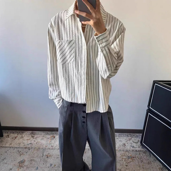 Striped Shirt Men's Spring and Autumn High-end Right Shoulder Long-sleeved Shirt Cleanfit Sun Protection Jacket